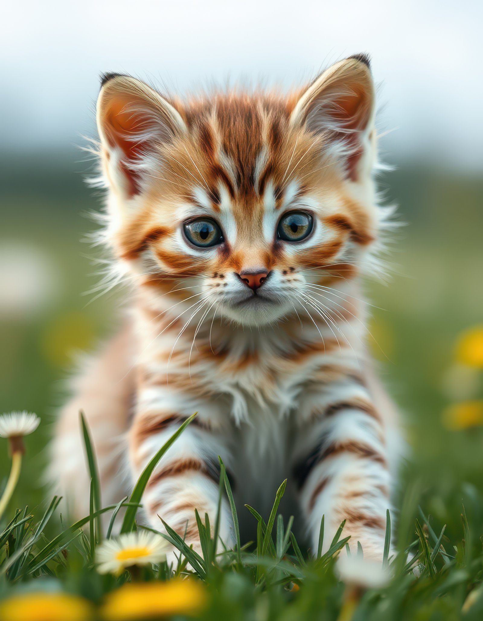 Cute orange tabby kitten exploring a grassy field filled with yellow flowers on a sunny day